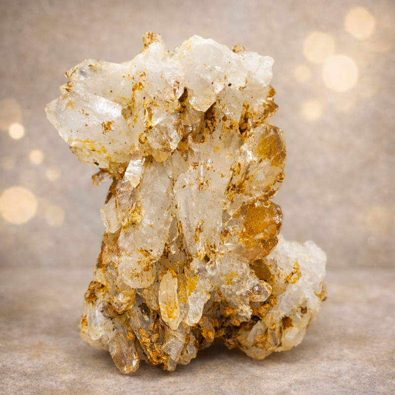 Cristaux de quartz au bokeh doré