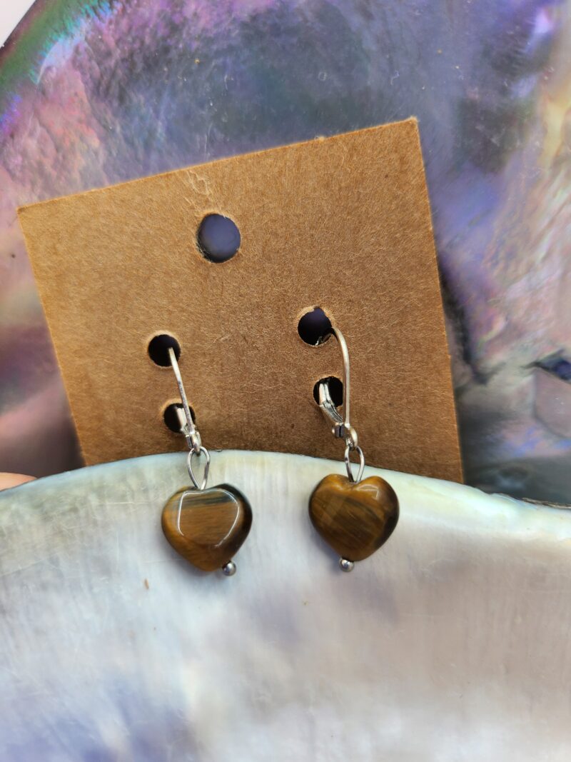 Boucles d'oreilles Œil de Tigre Cœur - crochet acier inoxydable