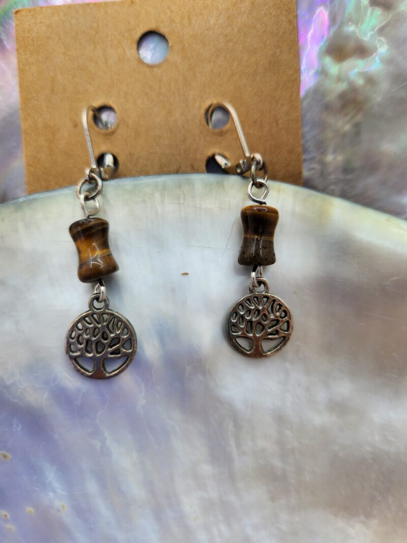 Boucles d'oreilles Oeil de Tigre, Arbre de Vie - Crochet acier inoxydable