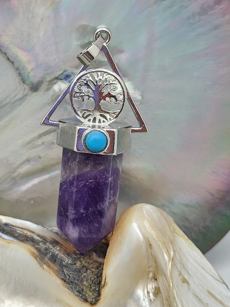 1 Pendentif Pointe Améthyste et Arbre de vie - métal anti-allergène