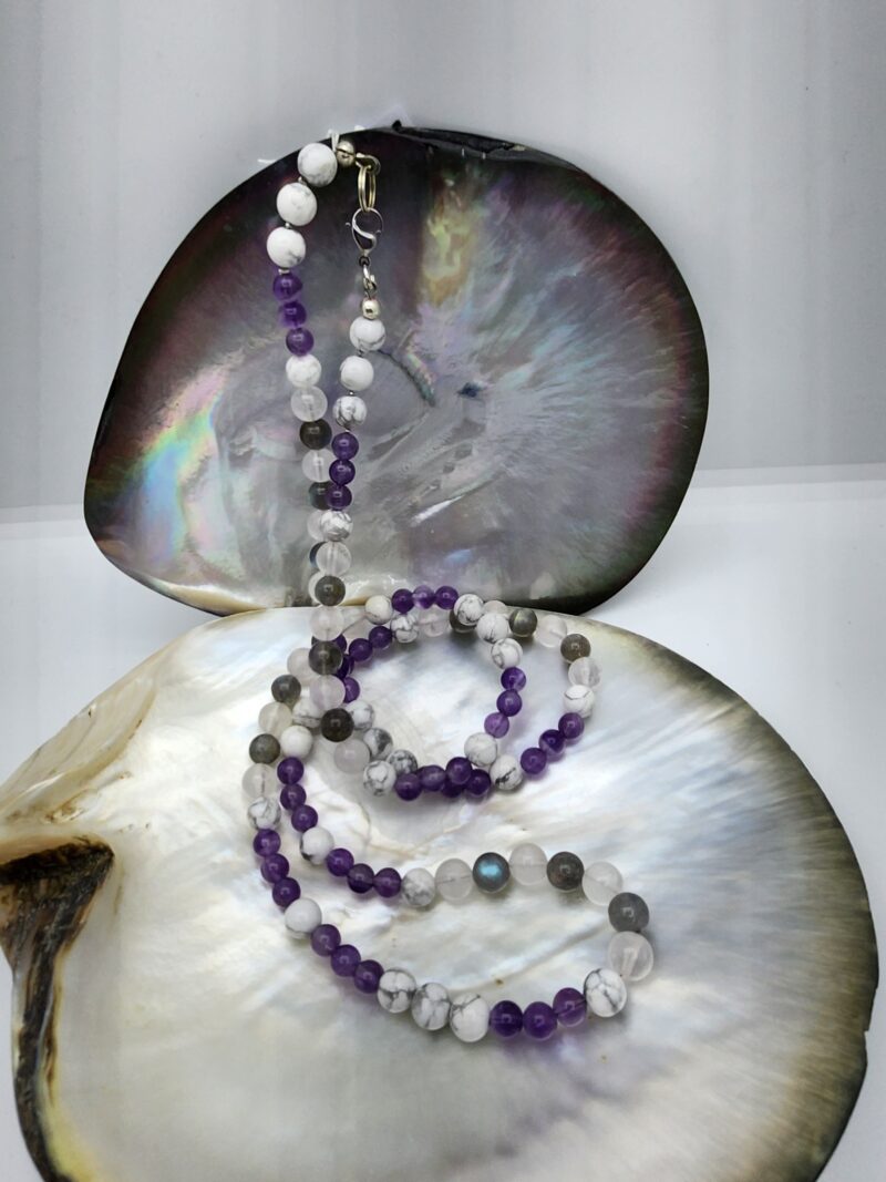 1 Collier Sautoir Apaisement et Protection Améthyste, Labradorite, Quartz Rose, Howlite d'Afrique